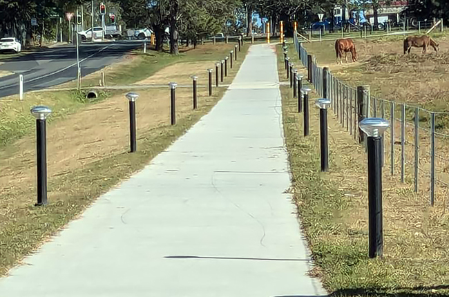 Solar bollard lighting lined along pedestrian walkway in public park