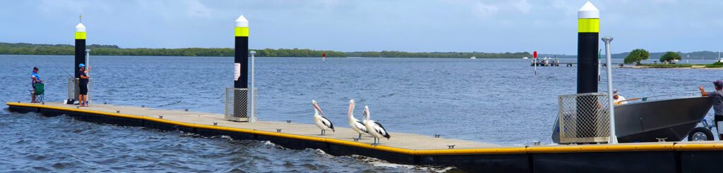 Queensland marine jetty and pontoon infrastructure with solar lighting and navigation pylons.