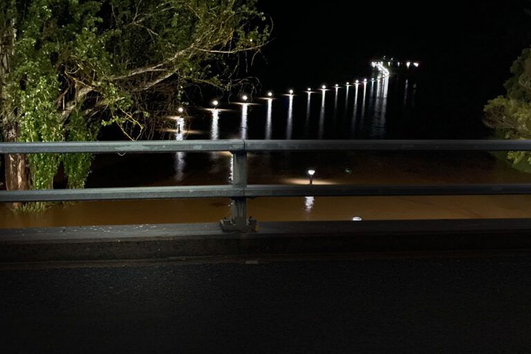 SBL2 solar bollard lights operating at night after surviving full submersion during flooding