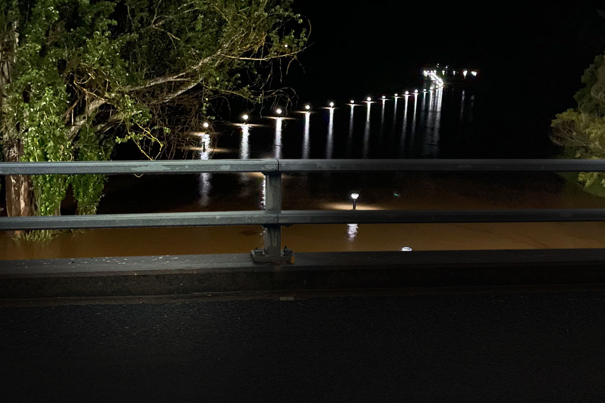 SBL2 solar bollard lights operating at night after surviving full submersion during flooding